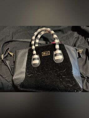 Betsey Johnson Black and White Striped Tote Interior with Pink Lip Print